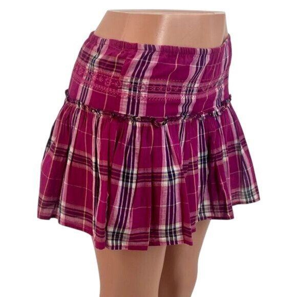 Vintage Old Navy Pink Plaid Tiered Ruffle Hem Mini Skirt - Picture 2 of 13